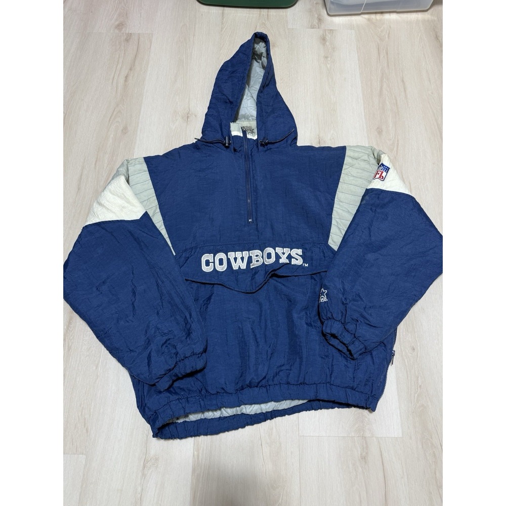 Vintage 90s Starter Dallas Cowboys Jacket Kangaroo Pouch Men's Large NFL Blue